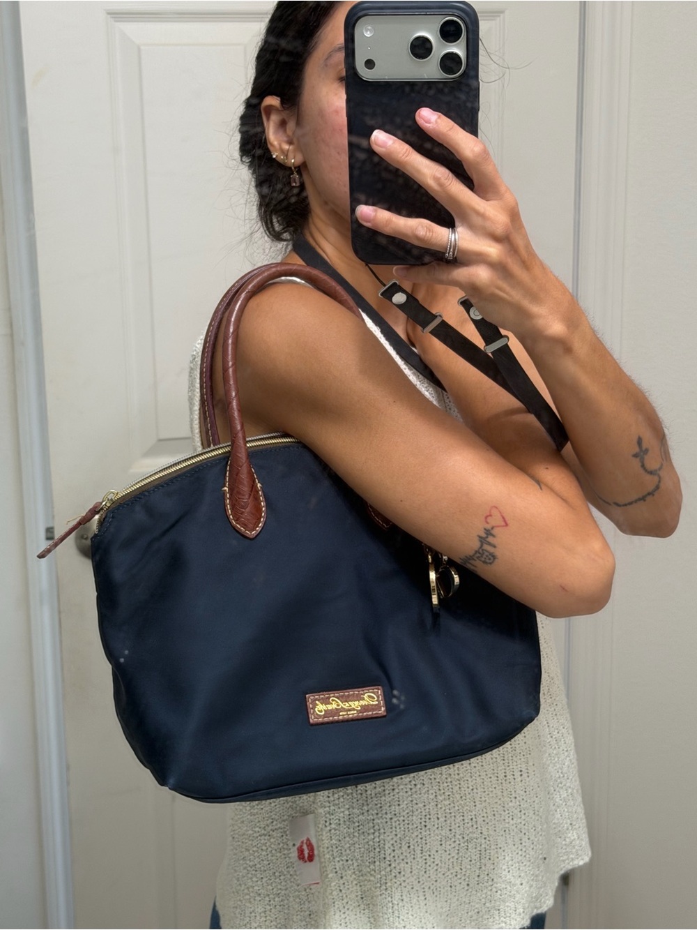 Dooney & Bourke Navy Shoulder Bag with Brown Leather Trim